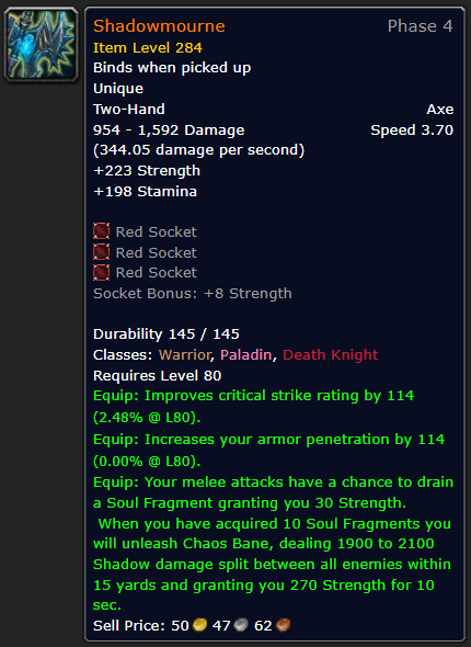 An image of Shadowmourne and its item stats.