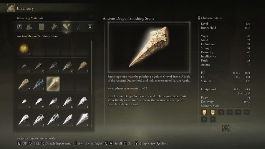 A screenshot of an Ancient Dragon Smithing Stone in my inventory.