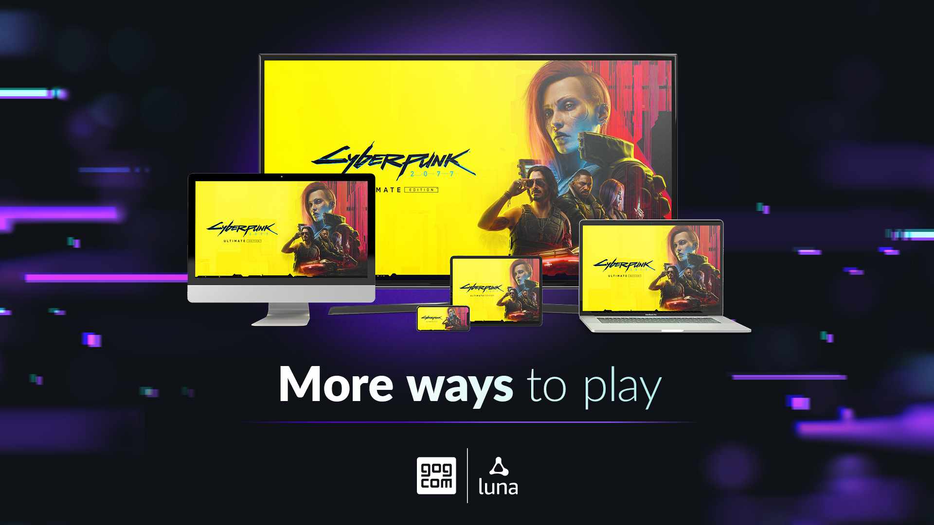 A photo showing a screenshot of Cyberpunk 2077 on multiple devices, like a TV, smartphone, Mac, tablet, and latop