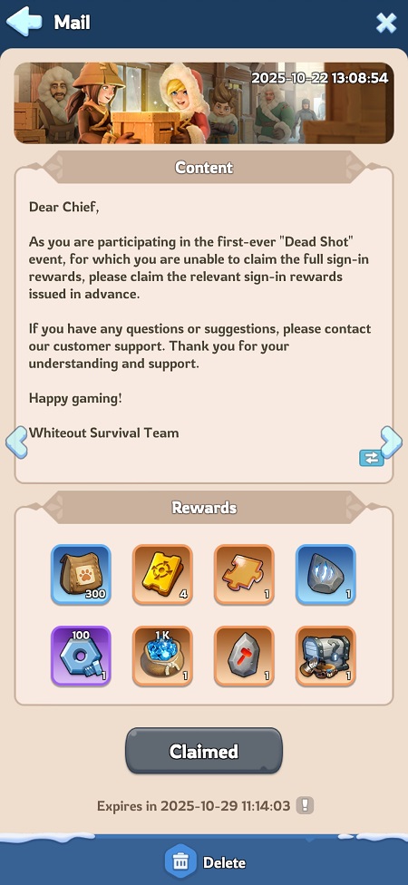 Whiteout Survival Dead Shot Sign-in Rewards Compensation