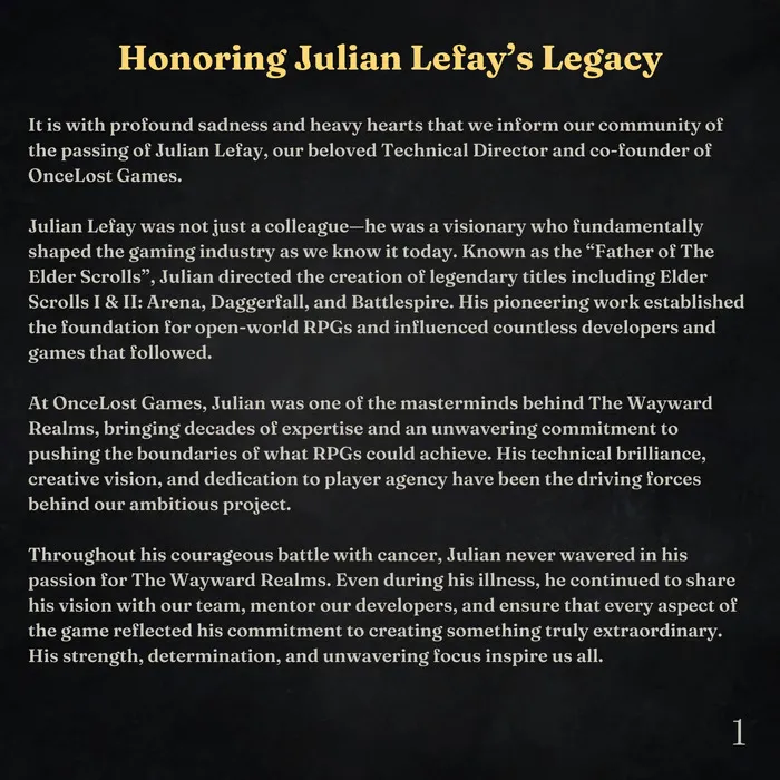 Julian LeFay, Lead Programmer on the First Two Elder Scrolls Games and  Co-Creator of The Wayward Realms, Passes Away at 59 - Out of Games