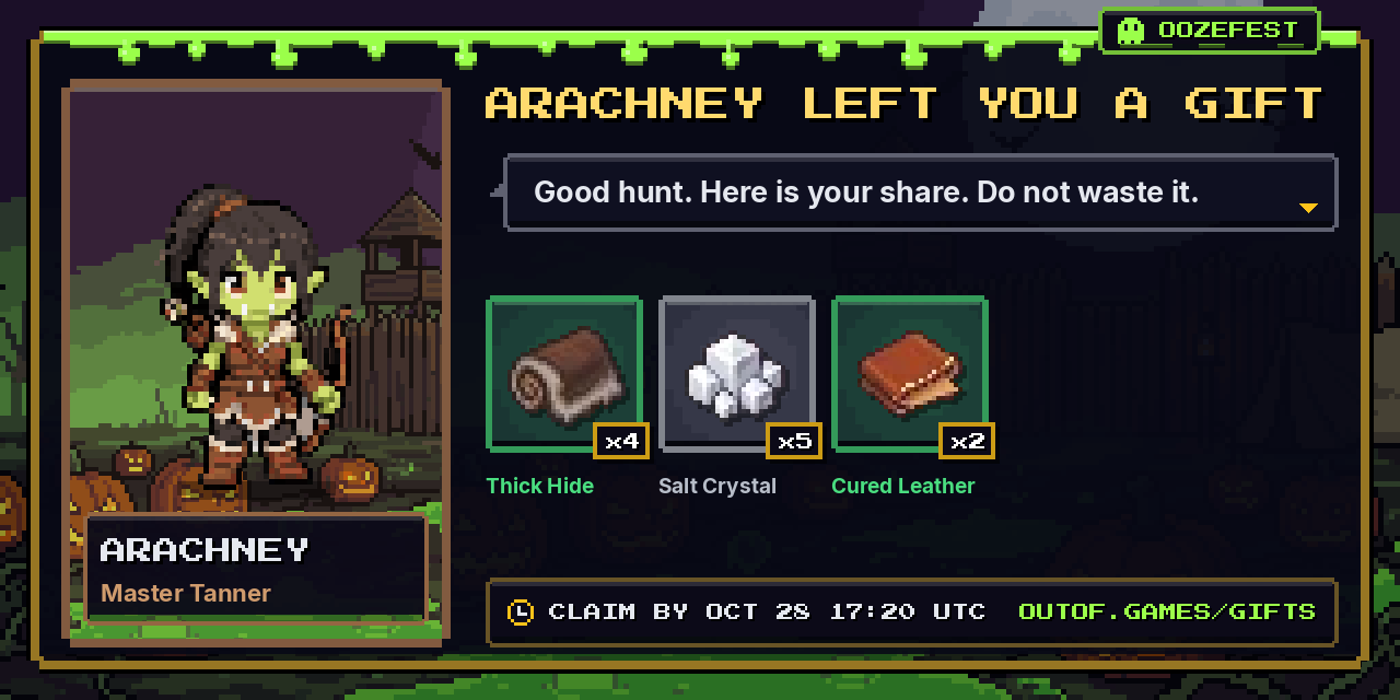 A gift from Arachney: 4x Thick Hide, 5x Salt Crystal, 2x Cured Leather