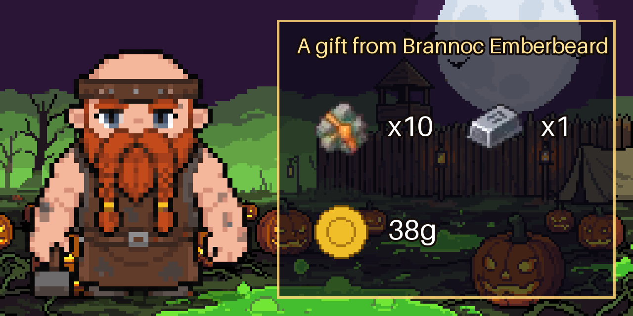 A gift from Brannoc Emberbeard: 10x Copper Ore, 1x Iron Bar, 38 Gold