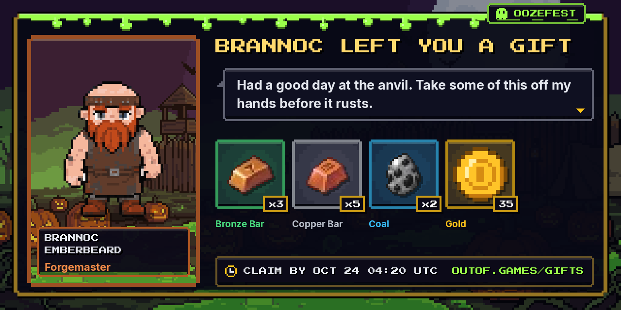 A gift from Brannoc Emberbeard: 3x Bronze Bar, 5x Copper Bar, 2x Coal, 35 Gold