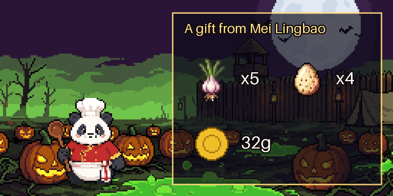 A gift from Mei Lingbao: 5x Wild Onion, 4x Hen's Egg, 32 Gold
