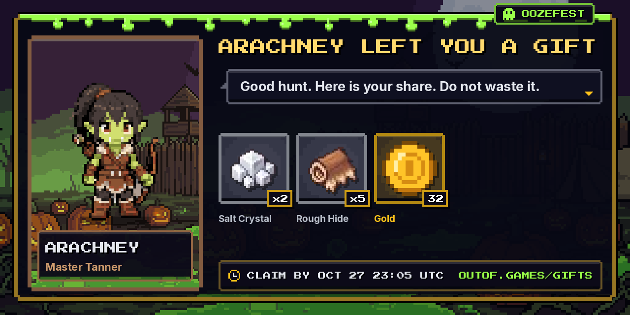 A gift from Arachney: 2x Salt Crystal, 5x Rough Hide, 32 Gold