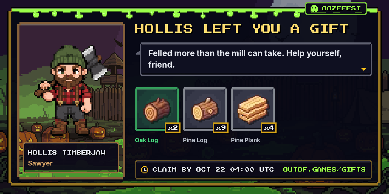 A gift from Hollis Timberjaw: 2x Oak Log, 9x Pine Log, 4x Pine Plank
