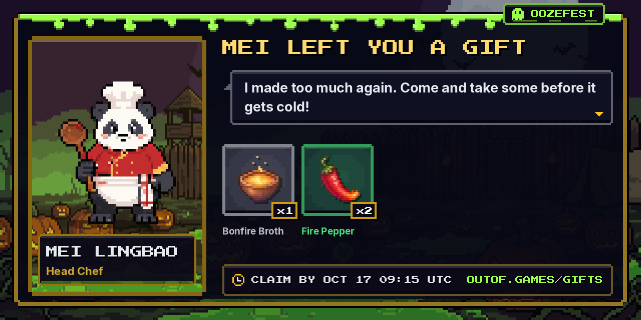 A gift from Mei Lingbao: 1x Bonfire Broth, 2x Fire Pepper
