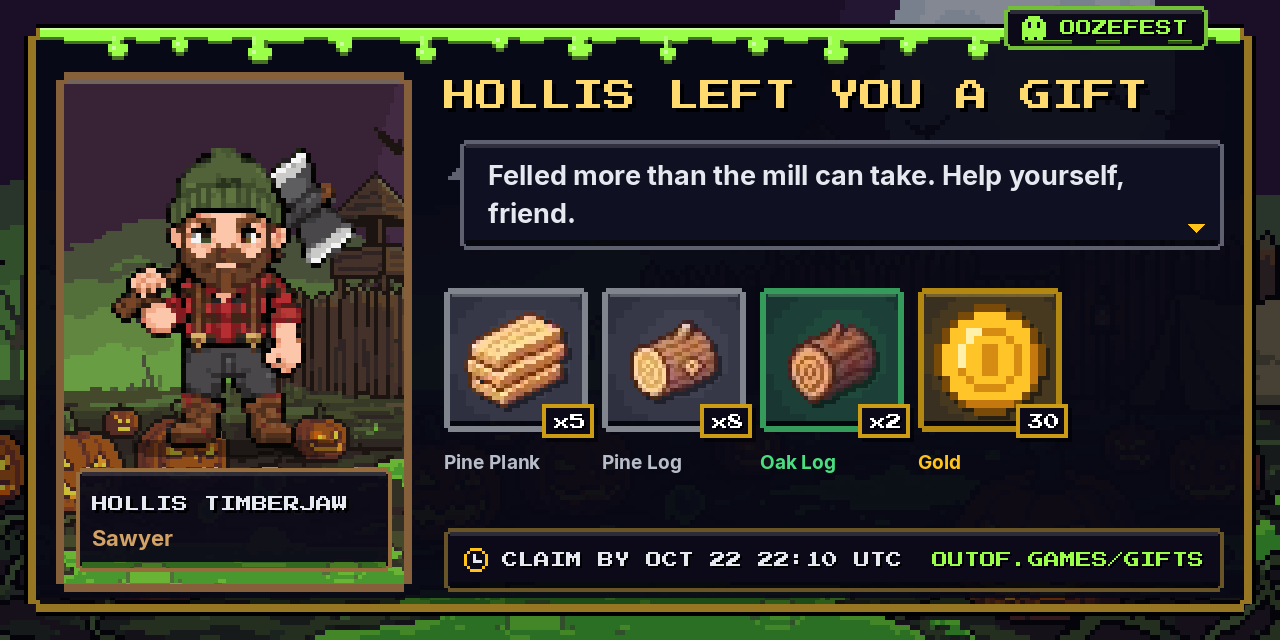 A gift from Hollis Timberjaw: 5x Pine Plank, 8x Pine Log, 2x Oak Log, 30 Gold